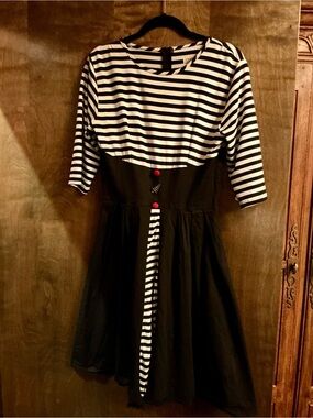 Black & White Striped Dress. Two Red Buttons and Christmas tree in the center!